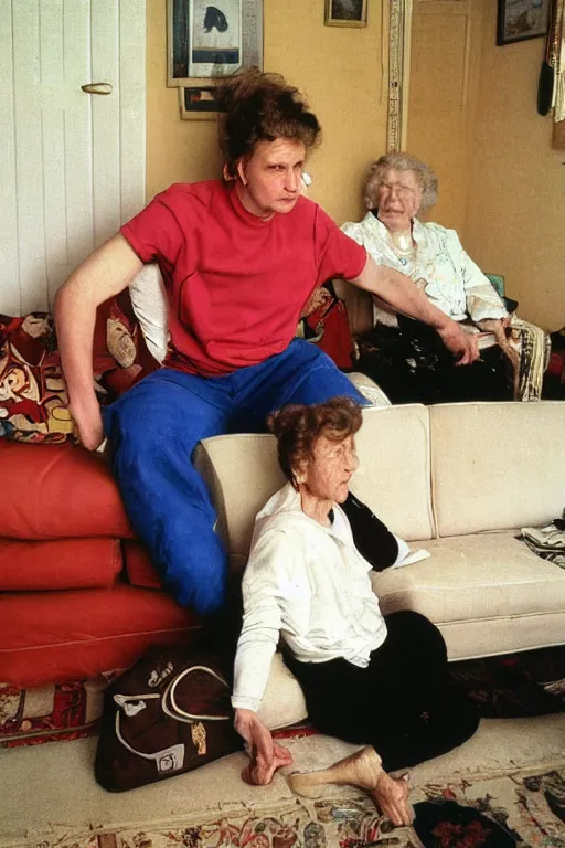 Image similar to portrait of russian athlete young man posing in his grandparents living room, his grandmother sitting on the sofa by a carpet on the wall, 1987, norman rockwell