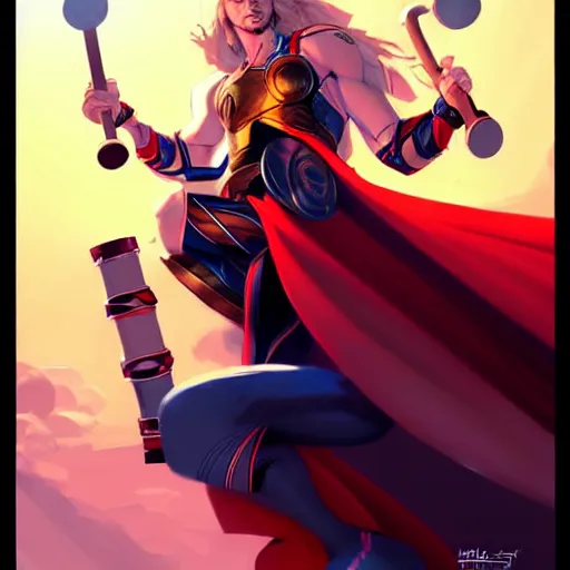 Image similar to thor playing the bongos, comic style by guweiz and stanley artgerm, extremely high quality artwork, very detailed, trending on artstation