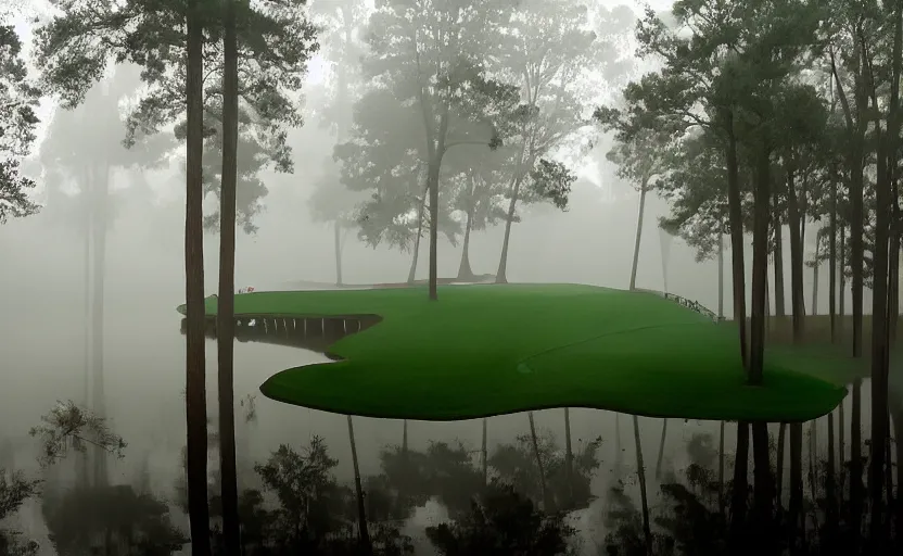 Image similar to augusta national, the masters, many beautiful flowers and magnlia trees, completely flooded with brown water, beautiful ambient light, fog,