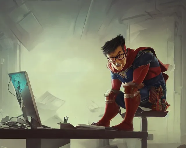 Image similar to an insanely detailed painting of a nerdy asian man wearing a superhero costume, sitting at a desk, staring at the nervously at the computer and typing, in the style of peter mohrbacher, dramatic lighting and composition, surreal background, octane render, pixar, trending on artstation, concept art, comic book, view from behind