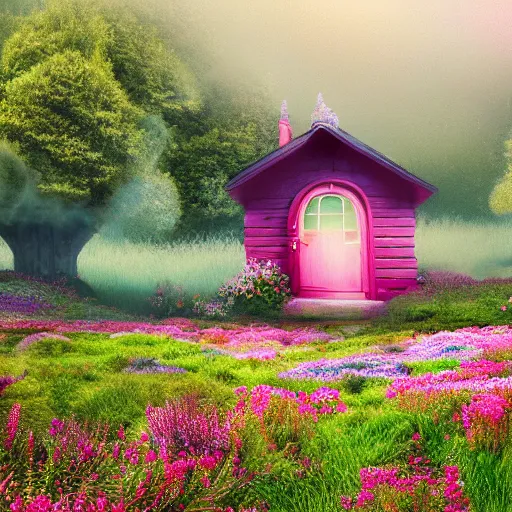 Prompt: fantasy little strawberry-like cottage among magical floral meadow partially covered with fog, photo realistic image, super detailed, 4K,cinematic look, H 1024