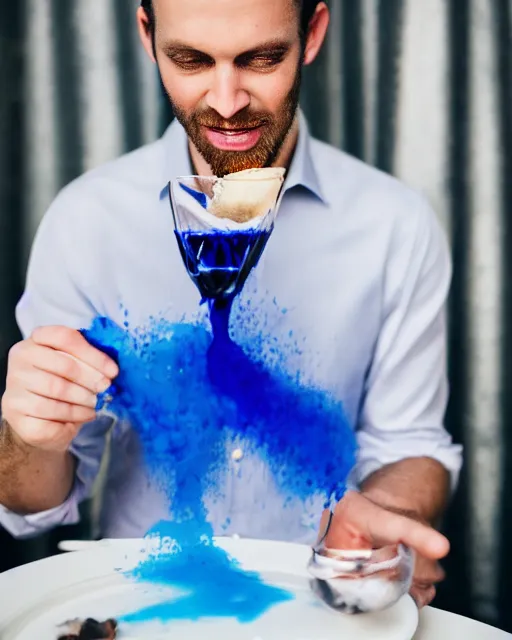 Image similar to photography of a fancy elegant gentleman eating a toast with blue liquid spread over it,