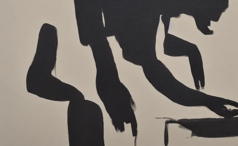 Image similar to minimal painting of seated figure hands on table. similar aesthetics to ivon hitchins and in the style of john craxton sailors. a table. studio lighting. charcoal. holding