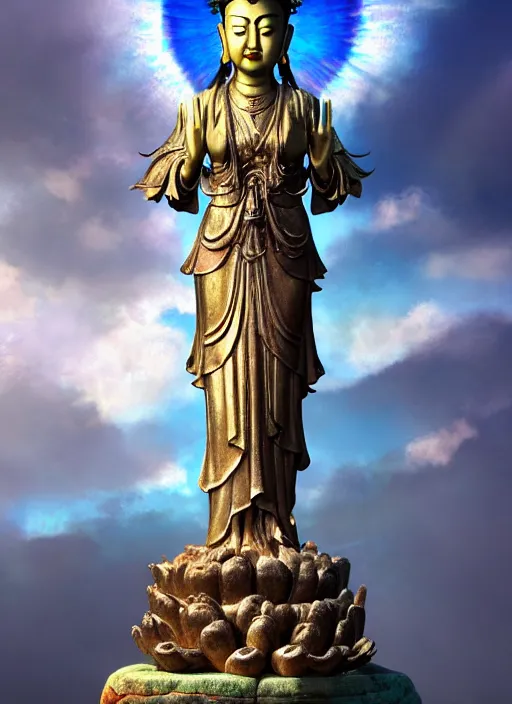 Image similar to guanyin stand on big loutus, a godness of the southern seas, a realistic setting with muted colors, visual novel cover, by yoshitaka amano, zeng fanzhi, jane hamilton, tiffany studios, sunrays shine uponit, frostbite 3 engine, cryengine, dof, trending on artstation, digital art, fantasy detailed background