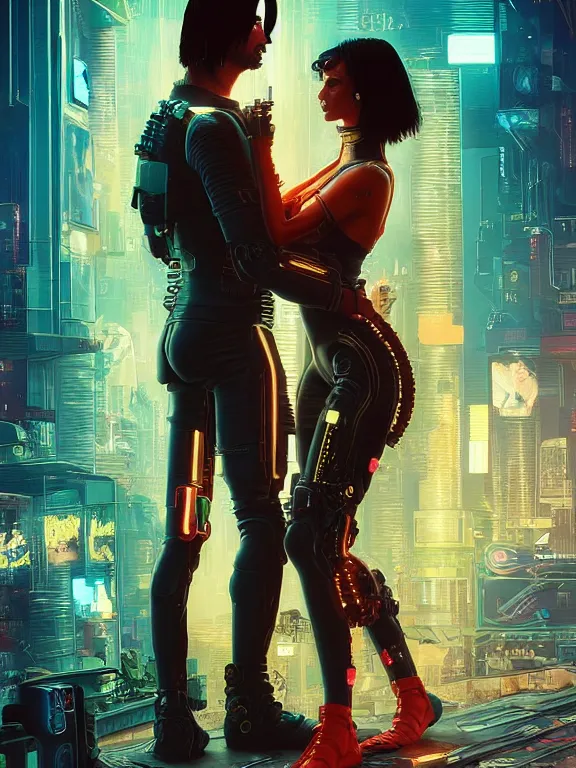 Image similar to a cyberpunk 2077 couple portrait of Keanu Reeves&female android in kiss,love,film lighting,by Laurie Greasley,Lawrence Alma-Tadema,Dan Mumford,artstation,deviantart,FAN ART,full of color,Digital painting,face enhance,highly detailed,8K,octane,golden ratio,cinematic lighting