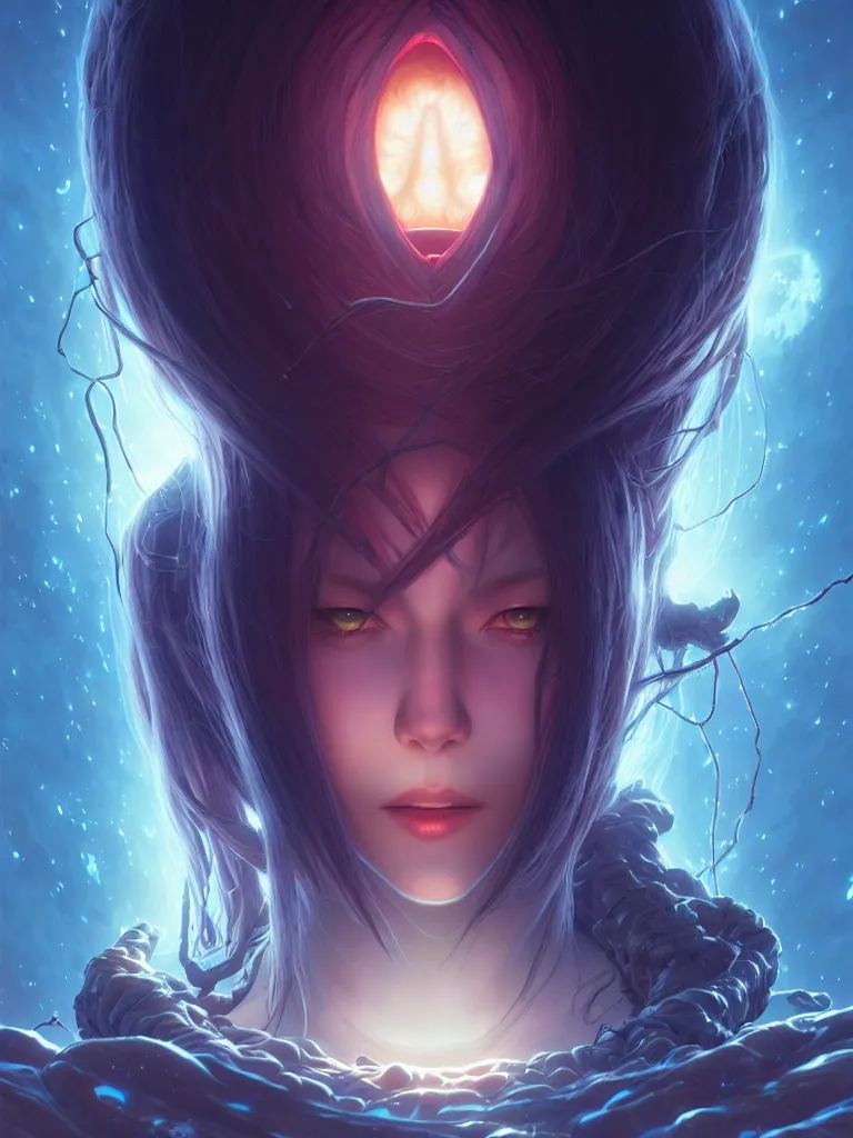 Image similar to azathoth girl save the earth, occlusion shadow, specular reflection, rim light, unreal engine, artgerm, artstation, art by hiroaki samura and ilya kuvshinov and ossdraws, intricate, highly detailed 8 k, cosmic horror illustration, extremely beautiful and aesthetic shape of face and body, movie poster