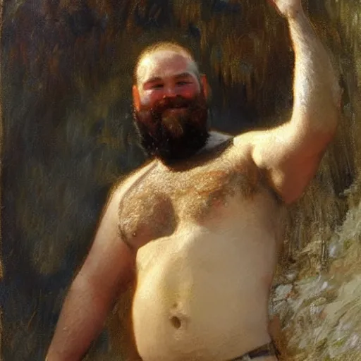 Prompt: a bearded, ginger, hairy man with an husky body type, painting by Gaston Bussiere, Craig Mullins