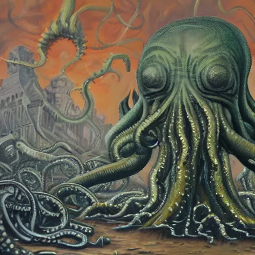 Prompt: oil painting of giant Cthulhu destroying a metro station with a M40 Machine Gun, highly detailed, H P Lovecraft