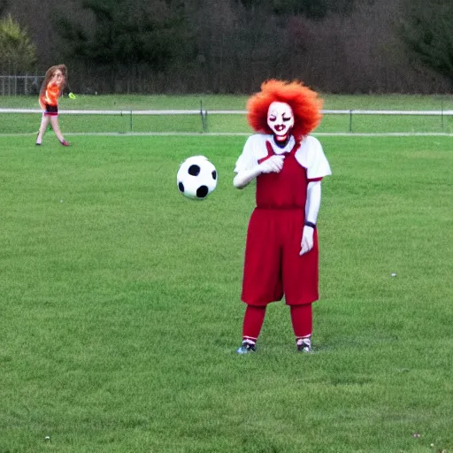 Image similar to Pennywise the clown coaching a girls' soccer team.