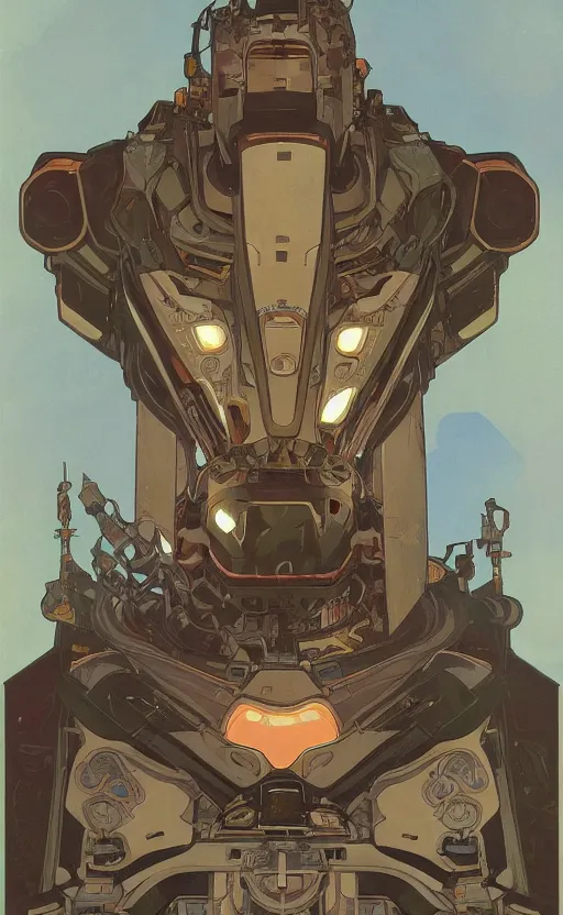 Prompt: upper half portrait of army mecha robot, art by alphonse mucha, highly detailed, digital painting, concept art, illustration, smooth sharp focus, intricate, symmetry, artstation, colourful,