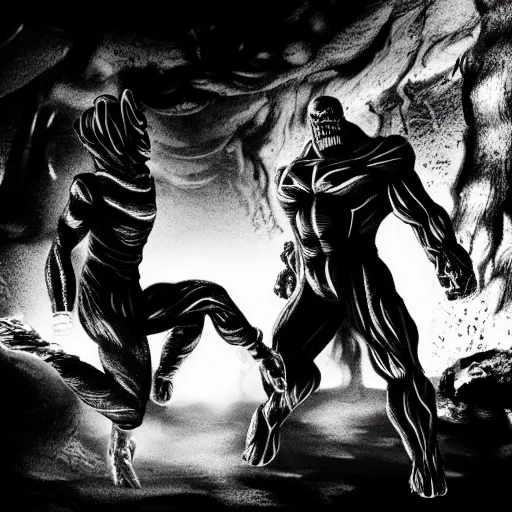 Image similar to black and white thanos fight with the thanos in a cave, by tsutomu nihei, black and white, old cave with slime and wires blur background, cinematic, perspective, realistic