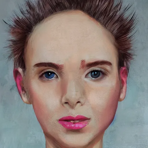 Image similar to portrait of a young woman with a heart - shaped face and short pink spiky hair, 8 k, digital paint