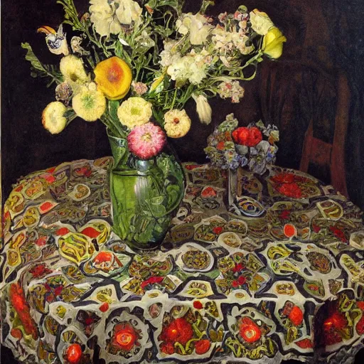 Prompt: still life of wildflowers and cyborg body parts, on a table with an ornate patterned tablecloth, beautiful painting by lucien levy - dhurmer, moody lighting