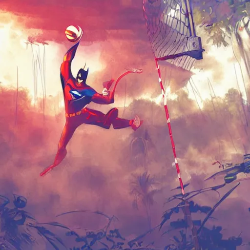 Image similar to batman and superman are playing volleyball in a jungle, volleyball in the air, volleyball net, digital illustration, inspired by greg rutkowski and artgerm, high detail