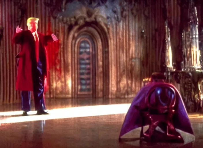 Image similar to screenshot from moody colorful scene of Donald Trump in a lair, scene from the film Batman and Robin 1997 film directed by Joel Schumacher, kodak film stock, anamorphic lens, 4K, crazy set design, wild lighting design, detail, stunning cinematography