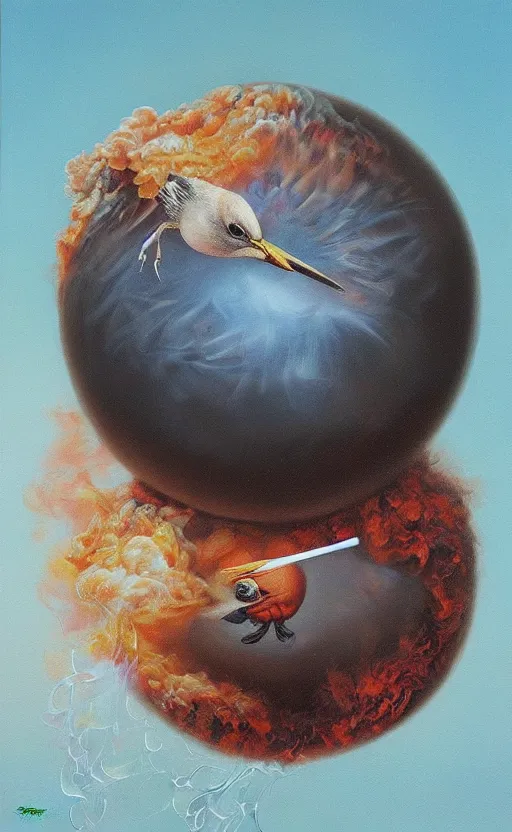 Image similar to an ultra fine detail painting of a round floating bird with a lot of smoke coming out of it, an airbrush painting by Ron English, by Marco Mazzoni, by Brian Despain, cgsociety, hyperrealism, airbrush art, hyper realism, oil on canvas, nuclear art, pop surrealism