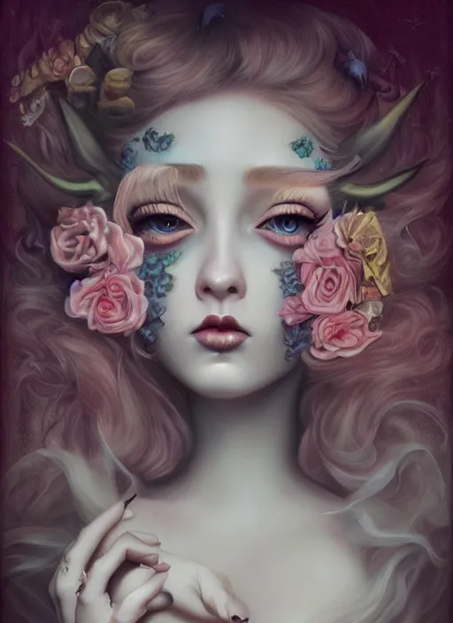 Prompt: pop surrealism, lowbrow art, realistic beautiful seductive girl painting, flowing gown, hyper realism, muted colours, rococo, natalie shau, loreta lux, tom bagshaw, mark ryden, trevor brown style,