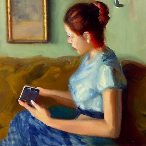 Image similar to a modern impressionist painting of a woman with a smartphone, oil on canvas, trending on artstation