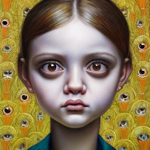 Image similar to hyper detailed portrait painting of a girl with big eyes in the style of artist mark ryden, symmetrical composition, in a landscape