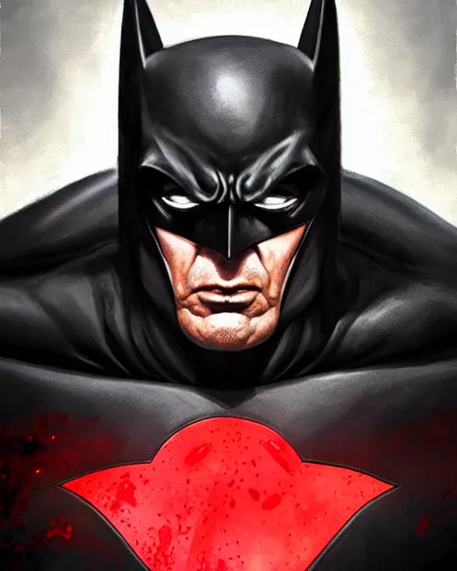 Image similar to character portrait of a muscular old batman with the batlogo in his chest made of blood, piercing bright red eyes, and pale skin, by greg rutkowski, mark brookes, jim burns, tom bagshaw, trending on artstation