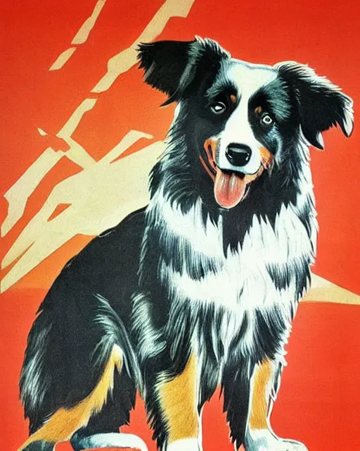 Prompt: soviet propaganda poster of an australian shepherd, soviet art