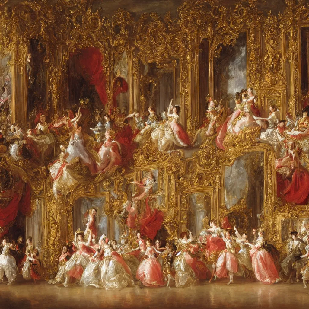 Image similar to the nobles danced in the splendid palace, palace dance, dress in the style of rococo, dreamy, romantic, night lighting, highly detailed, expressive impressionist style, 8 k