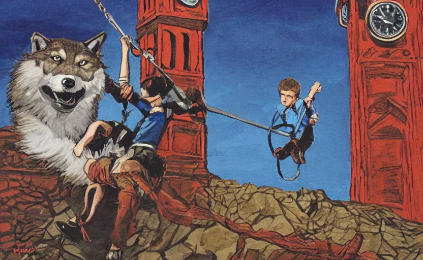 Prompt: a boy fighting a wolf on the edge of a clocktower, by taylor barron, gouache, print