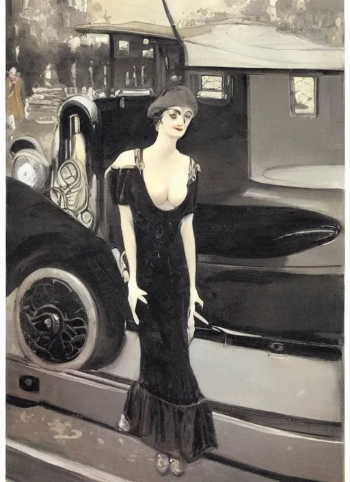 Prompt: a painting of a woman posing in front of a 1920's limo by Louis Icart, highly detailed, masterpiece, trending on ArtStation, ultra realistic