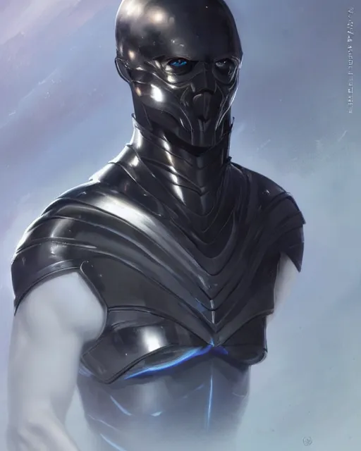 Prompt: wiry muscular male smooth sleek black pearlescent scifi armor, by greg rutkowski and mark brookes and jim burns and tom bagshaw and magali villeneuve, trending on artstation