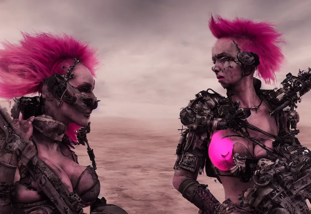 Prompt: beautiful evil apocalyptic woman with pink Mohawk, posing on mad max panzer tank, 4k ultra hd, fantasy dark art, artstation, octane render