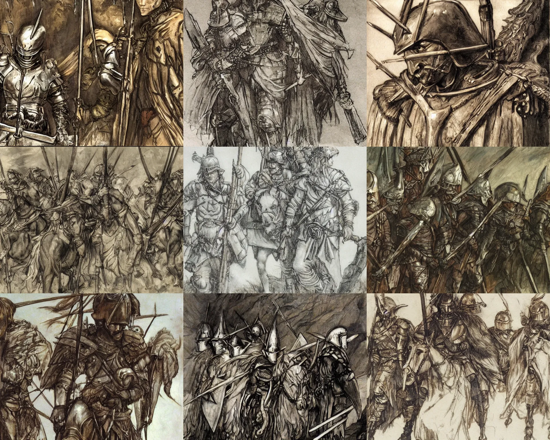 Prompt: A closeup portrait of sad, weary knights in winged helmets with spears in their hands, leaving for battle, realistic painting by Arthur Rackham, 50mm, concept art, epic