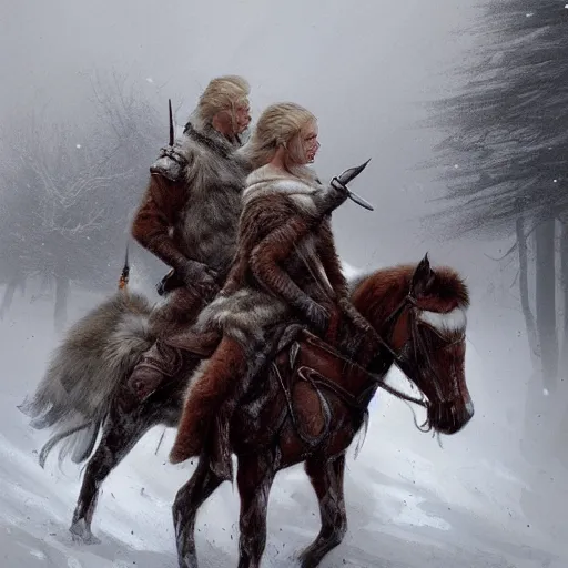 Prompt: Two Nordic warriors wearing fur clothes on horseback riding through snowy landscapes during a snowstorm, fantasy, highly detailed, digital painting, artstation, concept art, illustration, art by Greg Rutkowski and Marc Simonetti