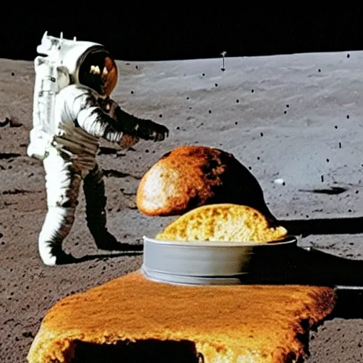 Prompt: A photo of an astronaut on the moon without his helmet eating garlic bread with knife and fork,the bread is on a red table,earth in the background