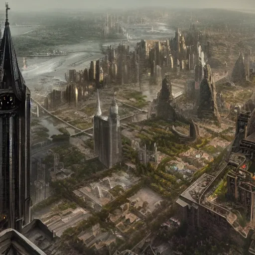 Prompt: an ultra detailed matte painting of the one impossibly tall ominous dark tower elevated high above the city, on an island in a river elevated high above the city fortress tower, fantasy capital city, ultrawide lense, aerial photography, volumetric lighting, exquisite detail, octane render, 8 k postprocessing, art by artgerm and greg rutkowski and alphonse mucha