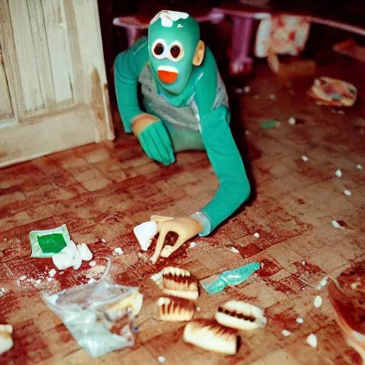 Image similar to gumby food fight inside abandoned dollhouse, 35mm grainy film photography