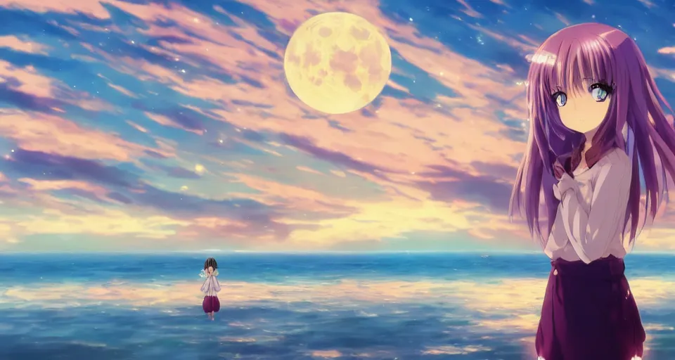 Image similar to one anime girl standing on a pier with the ocean as background at twilight, her blue shiny detailed eyes are looking at the camera, cute, big moon above the water, colorful, magical, detailed face, small nose and mouth, normal big anime eyes, 8k, based on Puella Magi Madoka Magica