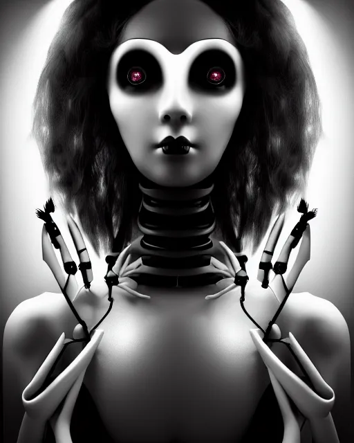 Image similar to surreal mythical dreamy dark artistic black and white fine art 3 / 4 fashion portrait photo of a young beautiful delicate female robot - witch - owl with orchid - doll face, rim light, cinematic, studio dramatic light, poetic, masterpiece, octane render, 8 k, photo