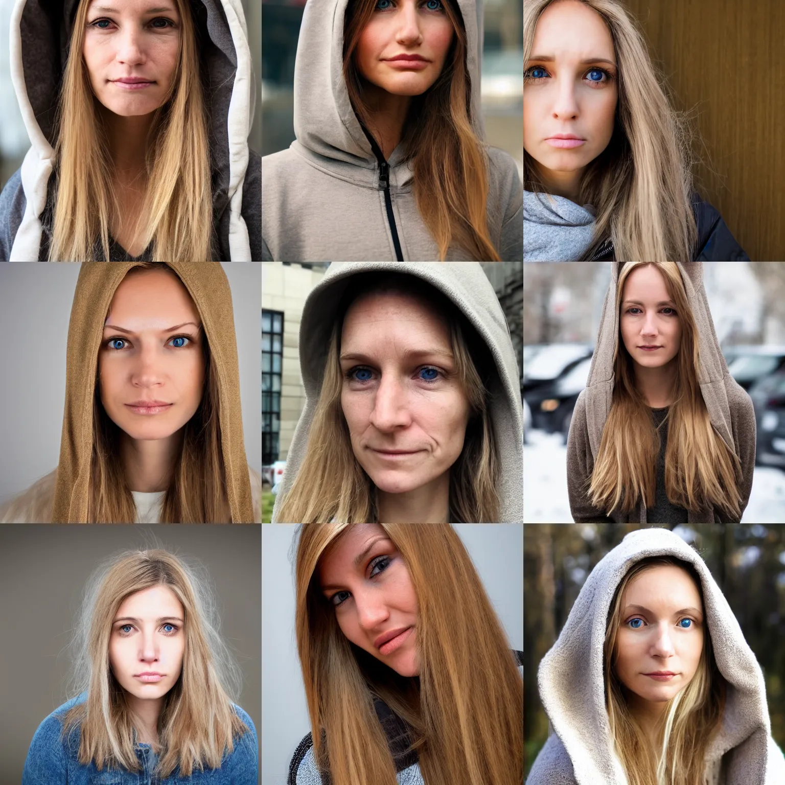 Prompt: portrait of a woman, symmetric, blond brown long hair, neutral, facebook profile picture, thin nose, short face, visible pores, natural look, average, dimples, caucasian, hooded outward slanted eyes