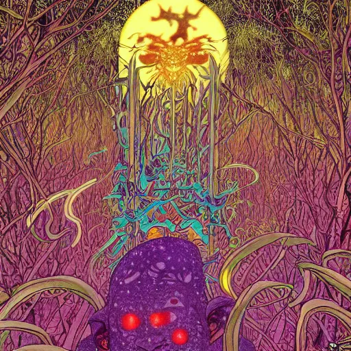 Image similar to A beautiful composition of a psychedelic glowing spirit animal psychonaut floating above a hedge maze, DMT, rich details full of texture, realistic eyes, artwork by Satoshi Kon and Yoshitaka Amano and Moebius