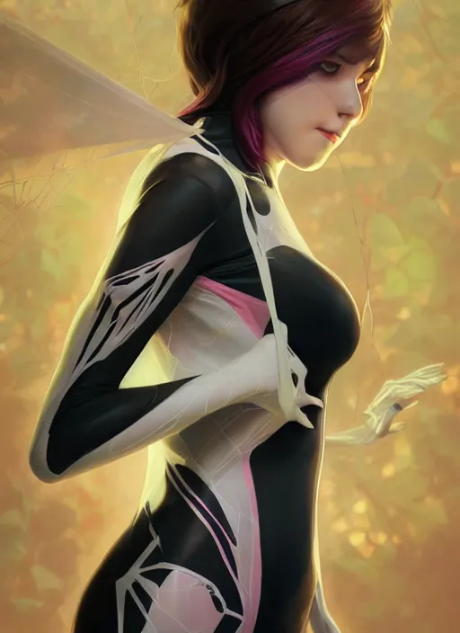 Image similar to ultra realistic illustration, spidergwen anime, intricate, elegant, highly detailed, digital painting, artstation, concept art, smooth, sharp focus, illustration, art by artgerm and greg rutkowski and alphonse mucha and wlop