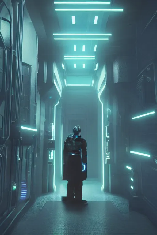 Image similar to in a dark corridor, a human in a still suite from dune in front of a snack machine and taps the keypad, his profile and face lit up by the blue neon light of the machine in front of him, blade runner style, gloomy mood, hyper-realistic environment,Epic concept art. Octane render and Unreal Engine