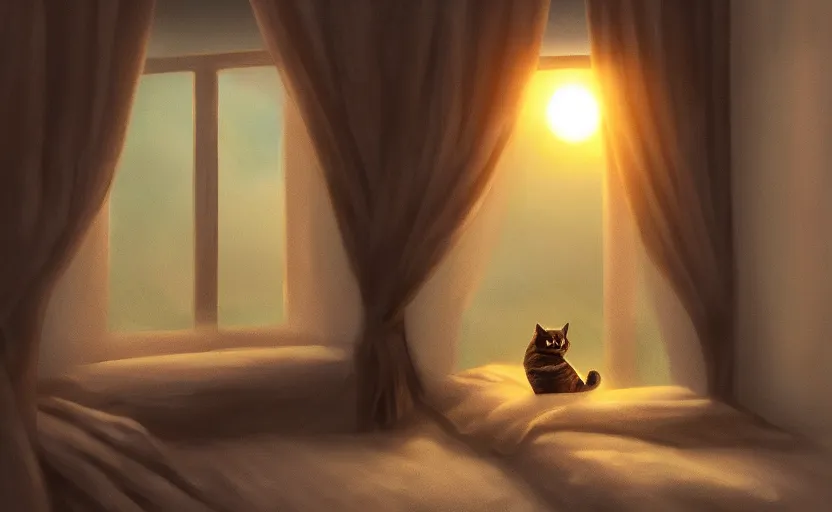 Prompt: a super detailed matte painting of a cat named butters curled up on a bed in front of a window during sunset. trending on artstation, cozy, atmospheric, lofi hiphop