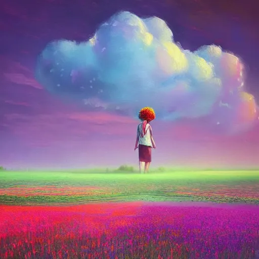 Image similar to giant flower as a head, girl walking in flower field, surreal photography, sunrise, dramatic light, impressionist painting, colorful clouds, digital painting, artstation, simon stalenhag