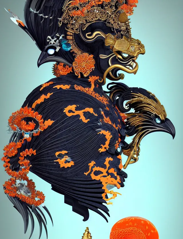 Image similar to 3 d goddess close - up profile portrait biomechanics with ram skull. beautiful intricately detailed japanese crow kitsune mask and clasical japanese kimono. betta fish, jellyfish phoenix, bio luminescent, plasma, ice, water, wind, creature, artwork by tooth wu and wlop and beeple and greg rutkowski. gold and black and teal and orange color scheme