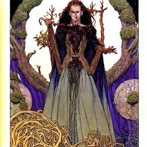 Image similar to a realistic portrait of natalie portman as a druidic wizard by rebecca guay, michael kaluta, charles vess and jean moebius giraud