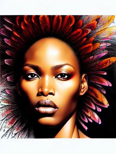 Prompt: a portrait of african supermodel with a floral background by karol bak, artgerm, moebius, yoji shinkawa : : portrait, illustration, photorealism, hyperrealism