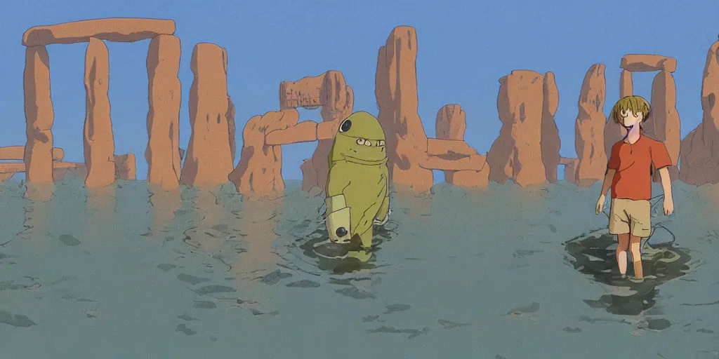 Image similar to a realistic cell - shaded studio ghibli concept art from paprika ( 2 0 0 6 ) of an aquatic ape from close encounters of the third kind ( 1 9 7 7 ) in a flooded monument valley stonehenge. very dull colors, wide shot, hd, 4 k, hq