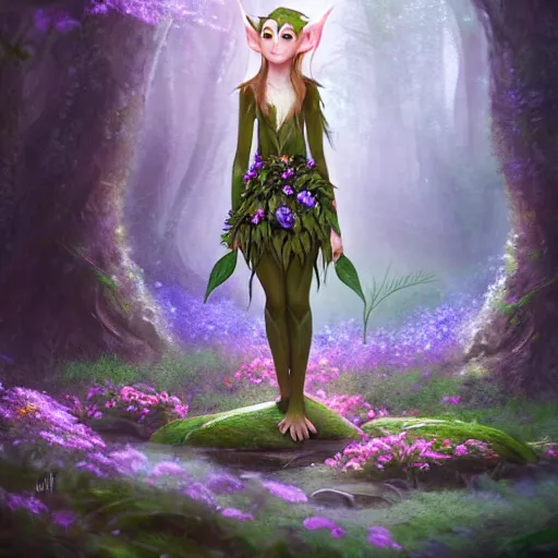 Image similar to a picture of a forest elf clothed in flowers and leaves standing on a stone in an enchanted forest, high fantasy, elegant, epic, detailed, intricate, digital painting, concept art, realistic, smooth, focus, rim light,