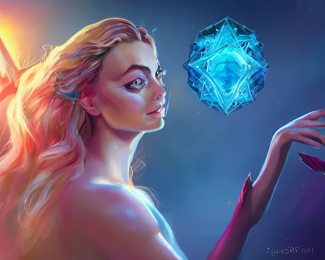 Image similar to margot robbie as a beautiful magician casting colorful spells, fantasy art, in the style of Fernando Juarez, illustration, epic art, fantasy, intricate, elgant, amazing detail, digital painting, artstation, concept art, smooth, sharp focus