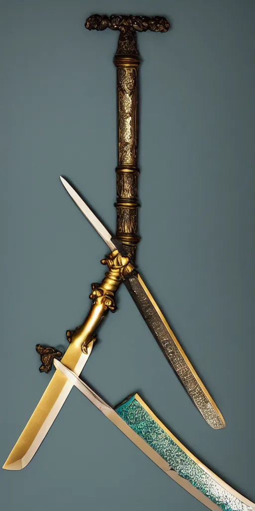 Image similar to photograph of a wide green and teal crystal double - edged sword blade attached to a big gold sword hilt